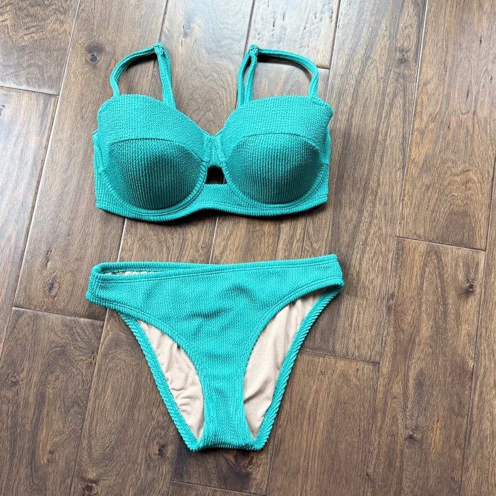 Shade & Shore Bikini Set Women 34DD/S Teal Green Excellent Smocked Underwire